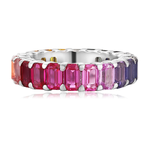 Luxury Women's 925 <b>Silver</b> Rhodium Plated Eternity Band <b>Ring</b> With <b>Emerald</b> Cut Multi Color Gemstones Channel Setting - Product Image 1