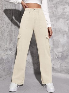 New Hot Selling <span class=keywords><strong>Jeans</strong></span> Versátil Multi Bolso de Cintura Alta Perna Larga Solta Casual Denim <span class=keywords><strong>Jeans</strong></span> Calça Calças Mulheres - Product Image 4
