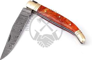 Nouveau couteau pliant Laguiole Damas, couteau de chasse d'extérieur, meilleur couteau de poche forgé et tranchant, beige, avec poignée en résine et pommel en laiton. - Product Image 5