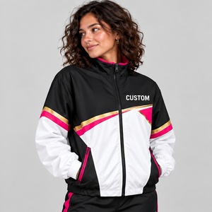 Veste coupe-vent pour femme, noire et blanche, à blocs de couleur, avec rayures roses et jaunes, entièrement zippée, à capuche, design unique, pour commandes de boutiques - Product Image 2