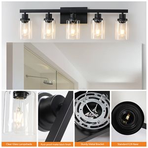 Applique da Parete Industriale Moderna Nera da 31 Pollici a 5 Luci per Bagno con Paralumi in Vetro Trasparente, Specchio e Illuminazione per Vanità - Product Image 5