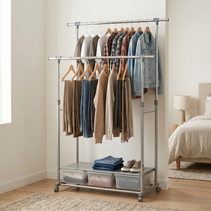 Modern Metal <b>Double</b> Rod Clothing Rack With Storage <b>Bins</b> And Wheels For Bedroom Use - Product Image 1