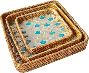 Shaped Rattan Mother Pearl <b>Storage</b> Trays Set 3 Pink Floral Liner Classic Dishwasher Safe Food <b>Stackable</b> Table Neatening - Product Image 2