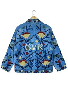 Manteau floral brodé bleu de style chinois, manches longues, col mandarin, grande taille, vêtements d'extérieur pour femmes, vêtements de printemps - Product Image 2