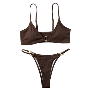 Ensemble bikini côtelé marron pour femme, haut triangle croisé à nouer, bas string, maillot de bain 2 pièces extensible et tendance - Product Image 1