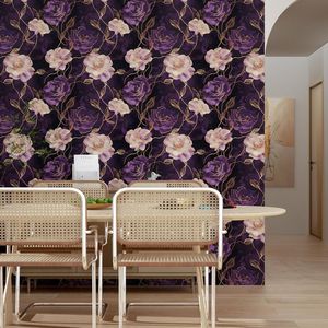 Carta da Parati Adesiva Floreale Scura Viola/Oro con Rose, Rivestimento Murale Impermeabile Autoadesivo - Product Image 2