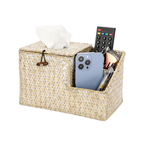 High Quality Seagrass Tissue Box Holder with Side Organizer Vintage Style <b>Square</b> Shape for Tableware Bathroom Home Office - Product Image 2