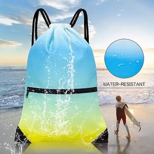 Hemistyles Blue Unisex <b>Drawstring</b> <b>Backpack</b> Nylon Gym Sports Bag 30-40L Lightweight with Front Zipper Pocket Travel Outdoor - Product Image 3