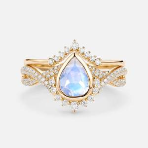 แหวนแต่งงานมูนสโตนธรรมชาติสุดหรู ดีไซน์วินเทจแบบอินฟินิตี้ ประดับเพชรแบบเบเซล ชุบทอง 14K - Product Image 2