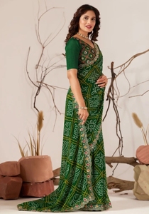 Sari de Georgette Reversible de Secado Rápido con Bordado y Estampado Bandhani para Mujer KV, con Blusa Sin Coser (Verde), para Bodas - Product Image 2