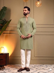 Ensemble Kurta Pajama brodé vert pour homme, coupe classique, vêtements décontractés traditionnels indiens et pakistanais, toutes saisons - Product Image 3