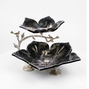 Luxury 2-Tier Flower Metal Fruit Bowl <b>Stand</b>, Black Enamel Pastry Serving Tray With Silver <b>Birds</b> Branch Base For Tabletop Buffet - Product Image 2