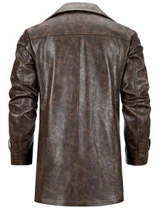 Blouson long en cuir noir pour homme, coupe ajustée, col rabattu, simple boutonnage, grande taille, style motard, hiver, anti-plis, en cuir de mouton - Product Image 2