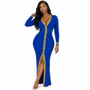 Robe longue moulante en tricot bleu à col en V et boutonnage frontal avec fente, collection Sorority Sisterhood de Cosh International - Product Image 1