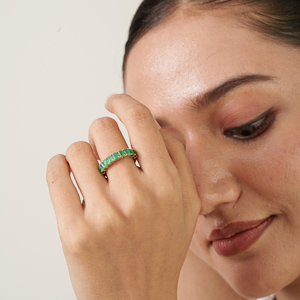 Women's Simple Design 100% Natural Gemstone Emerald Half Eternity Band Ring Stackable K14 <b>Original</b> Yellow Gold Everyday Jewelry - Product Image 2