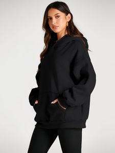 Sweat à capuche oversize en polaire pour femme, noir uni, coupe classique, manches longues, décontracté, hiver, avec badge sur le devant - Product Image 5
