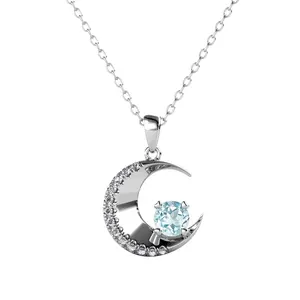 925 Sterling Silver Natural Gemstone Sky Blue Topaz Crescent Moon Pendant Necklace Jewelry For Women Girls Destiny Jewellery
