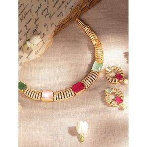 Ensemble collier et boucles d'oreilles en alliage plaqué or avec cristaux roses et verts, design géométrique, pour femmes, bijoux de fête - Product Image 6