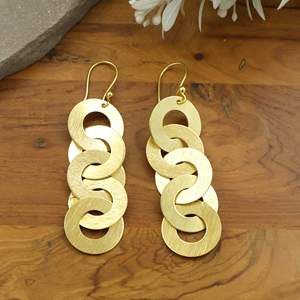 Bold Gold <b>Circle</b> Earrings Brass Overlapping <b>Rings</b> Dangle Cascading Flat Statement Matte Gold Hook Drops, Gift for Her - Product Image 1