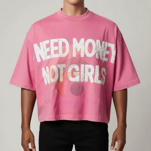 T-shirt à manches courtes en coton biologique délavé à l'acide, motif uni, style sport, avec broderie/strass de grande qualité – Vente en gros - Product Image 5