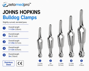 Pinzas Bulldog Dentadas JOHNS HOPKINS Ligeramente Curvadas en Múltiples Longitudes: 3.8cm, 5.1cm, 5.7cm, 6.4cm, 7.6cm ZETOMEDPRO - Product Image 2