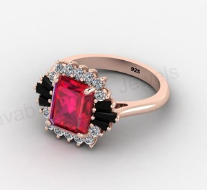 18K Gold 925 <b>Silver</b> Black Onyx & Ruby Quartz <b>Emerald</b> Cut Halo <b>Ring</b> CZ Prong Setting Engagement <b>Ring</b> Dainty Fine Jewelry For Her - Product Image 3
