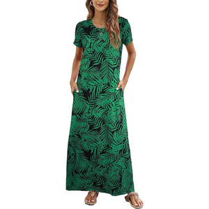 green wrap dress short Green Tropical Floral Print Cotton Tube Maxi Dress with Pocket main image 1