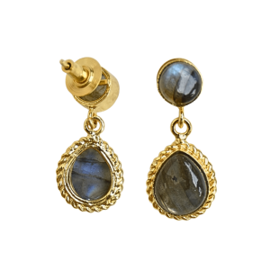 Boucles d'oreilles pendantes vintage plaquées or, style bohème et classique, avec pierre de labradorite naturelle en forme de fleur pour femme, mariage - Product Image 2