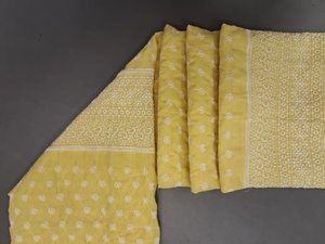 Tela de Algodón Amarillo Premium de Alta Demanda con Bordado Schiffli - Material con Diseño Floral Blanco y Borde Étnico Multicapa Pesado - Product Image 4