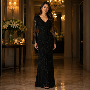 Luxury Black <b>Sequin</b> Evening Dress Women Deep V Neck Fringe Long Sleeve Bodycon Maxi Gown Elegant Formal Party Cocktail Prom - Product Image 2