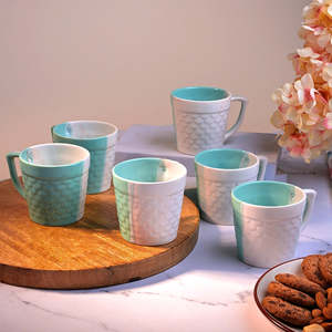 Set of 6 Fish Scale Textured Ceramic <b>Tea</b> <b>Mugs</b> Porcelain Vintage Style 90ml/200ml/220ml Cups for Afternoon <b>Tea</b> - Product Image 5