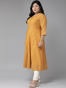 Robe de soirée formelle en coton doux à manches trois quarts et col en dentelle florale moutarde pour femme grande taille – Vente en gros - Product Image 3
