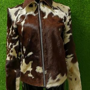 Premium Men Professional Cow Hair Leather Jacket Brown White Cowhide Fur <b>Zip</b> <b>Up</b> Coat Genuine Animal Skin Western - Product Image 4