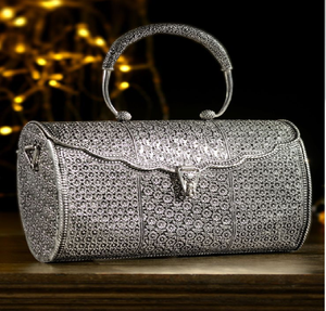 Trapezoidal <b>silver</b> brass hand <b>clutch</b> featuring a scalloped flap, textured geometric lower panel, leaf border,at wholesale prices - Product Image 3
