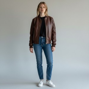 Blouson aviateur en cuir de vachette marron pour homme, style moto, fermeture éclair, coupe classique, couleur unie, col rabattu, vêtement d'automne, moto - Product Image 2