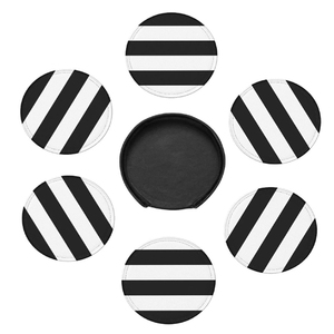 Stripes Black White Leather Coasters For Drinks, 6 Pcs Leather Coaster With Holder, Round Cup Mat <b>Pad</b> Set For Home And Kitchen - Product Image 3