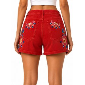 Custom <b>Womens</b> <b>Red</b> Floral Printed Denim Shorts High Waist Casual Summer <b>Jean</b> Shorts Custom Embroidered Fashion OEM Manufacturer - Product Image 2