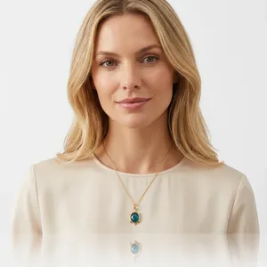 Collier pendentif en jade apatite motif tortue, coupe ovale à motifs, fait main, chaîne fine, plaqué or, vente en gros - Product Image 3