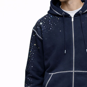 เสื้อฮู้ดซิปเต็มตัวประดับเพชร ผ้าฝ้ายฟลีซ GSM สูง สตรีทแวร์ รับทำแบรนด์สินค้า ป้ายกำกับส่วนตัว MOQ ต่ำ จัดหาสินค้าจำนวนมาก - Product Image 5