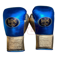 No Boxing No Life Mavi Altın Sığır Derisi Boks Eldivenleri 16oz Bağcıklı Bilek Kapatmalı Profesyonel Antrenman Ekipmanı