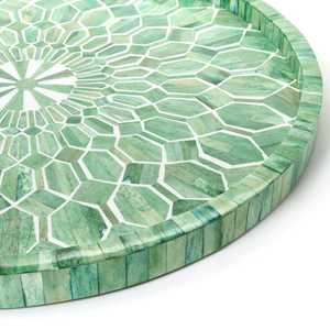 Plateau de rangement décoratif rond en os incrusté, artisanal et luxueux, avec un élégant motif floral en mosaïque, pour table basse, coiffeuse, salle de bain - Product Image 6