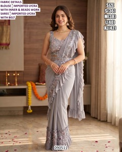 Sari beige brodé Grace pour femmes - Tenue de fête traditionnelle - Product Image 3