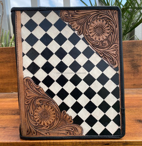 Portefeuille personnalisé vintage en cuir repoussé à la main motif à carreaux classeur à 3 anneaux et fermeture éclair organisateur de documents en cuir véritable A4 - Product Image 4
