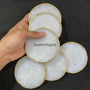 Natural White Quartz <b>Coasters</b> with Golden Edge Polished Stone Drink <b>Coasters</b> Luxury Home Décor Wholesale - Product Image 2