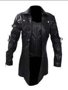 <b>Men's</b> Gothic Genuine <b>Leather</b> <b>Jacket</b> Breathable Wool Lining Long Slim Fit Stand Collar Zipper Closure Solid Color Regular Sleeve - Product Image 1