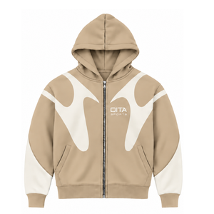 Sudadera con capucha beige con paneles en contraste y cremallera completa para hombre, estilo urbano, manga larga, informal, de forro polar, con bolsillos laterales. - Product Image 1