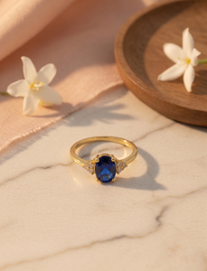แหวนหมั้นพลอยสีน้ำเงินทรงรี 1.50 กะรัต แหวนแต่งงานทอง 14K แบบคลัสเตอร์ เครื่องประดับสั่งทำพิเศษ - Product Image 4