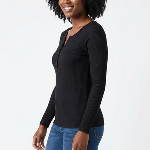 Women's Ribbed Henley Long Sleeve <b>Top</b> Snap Button Notch Neck Slim Fit Stretch Knit Custom OEM Wholesale Factory Price - Product Image 3