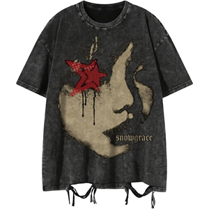 Snowgrace Men's Oversized T-Shirt Short Sleeve Washed Cotton High Street Style Printed O-Neck Design with Solid - Product Image 1