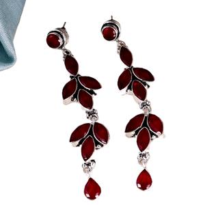 Pendientes Largos de Latón Oxidado con Baño de Plata y Engaste de Bisel, Piedra Roja, Diseño de Hoja de Campana, Estilo Bohemio Étnico para Boda, para Mujer - Product Image 4